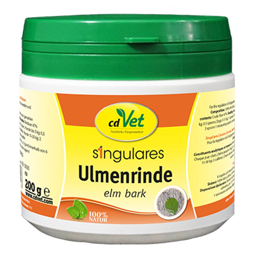 Pot blanc et couvercle vert. Inscription: cdVet singulares Ulmenrinde. 100% Natur. 200 g.