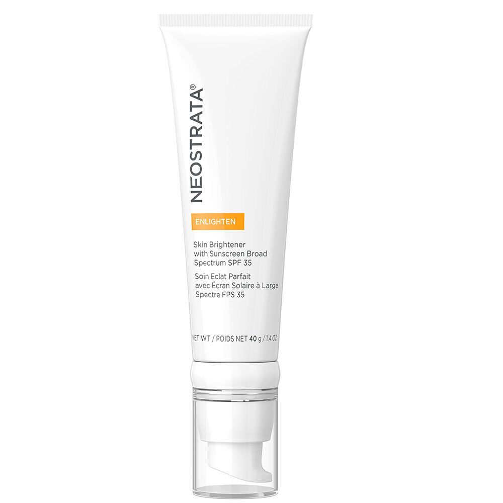 Tube blanc avec produit. Inscription: NEOSRTATA, ENLIGHTEN, Skin Brightener SPF 35. Avec distributeur.