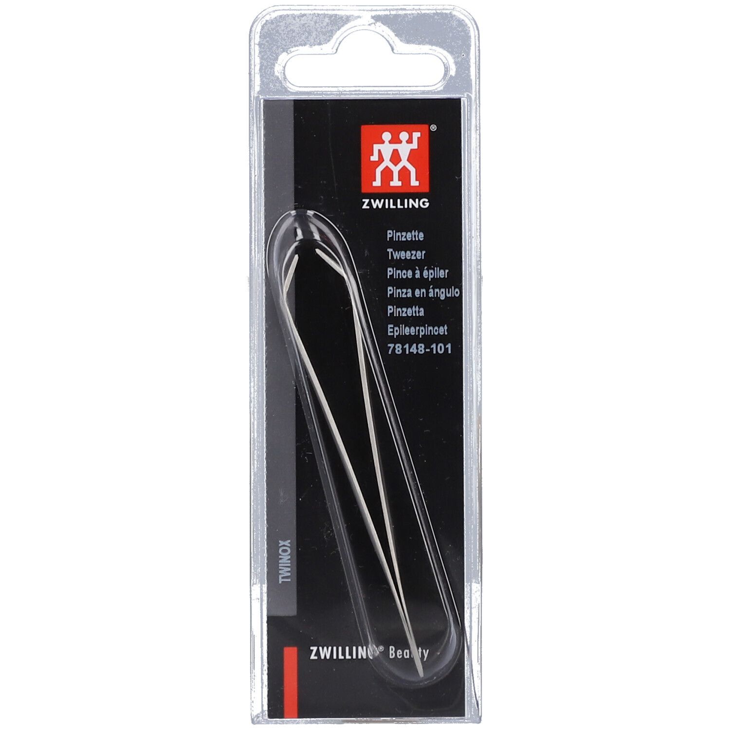 Pince à épiler en blister. Acier inoxydable mat. Logo ZWILLING et nom du produit.