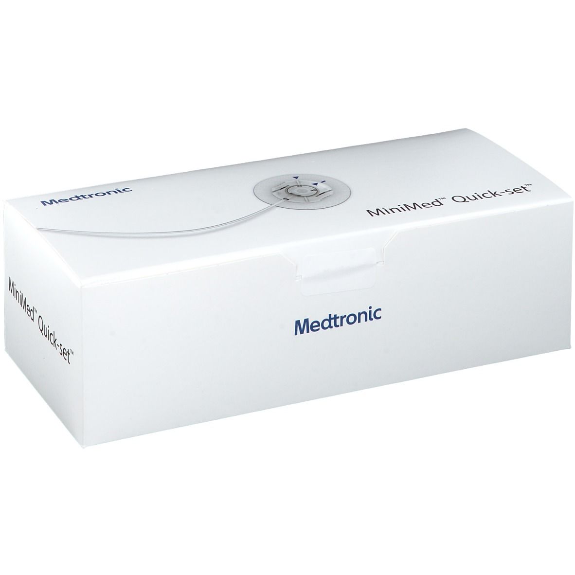Boîte blanche MiniMed Quick-set. Logos Medtronic et nom du produit visibles.