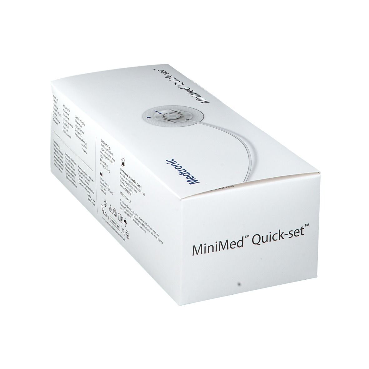 Boîte blanche MiniMed Quick-set. Logos Medtronic et nom du produit visibles.