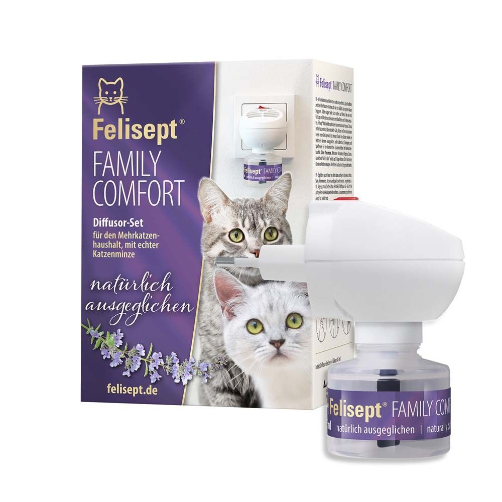 Ensemble diffuseur Felisept avec logo et chats. Emballage avec produit et flacon de parfum. Texte : naturellement équilibré.