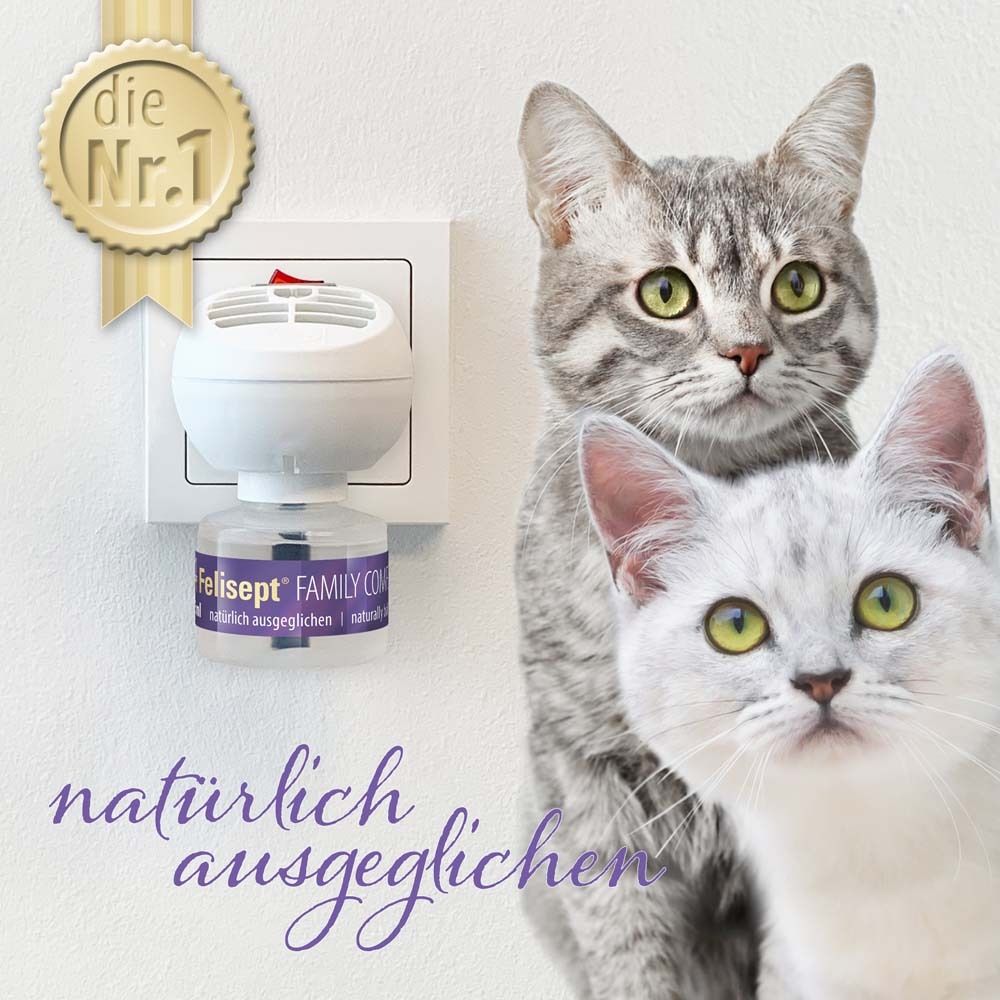 Diffuseur dans une prise avec logo Felisept. Deux chats sur fond blanc. Texte : naturellement équilibré. Distinction : le n°1.