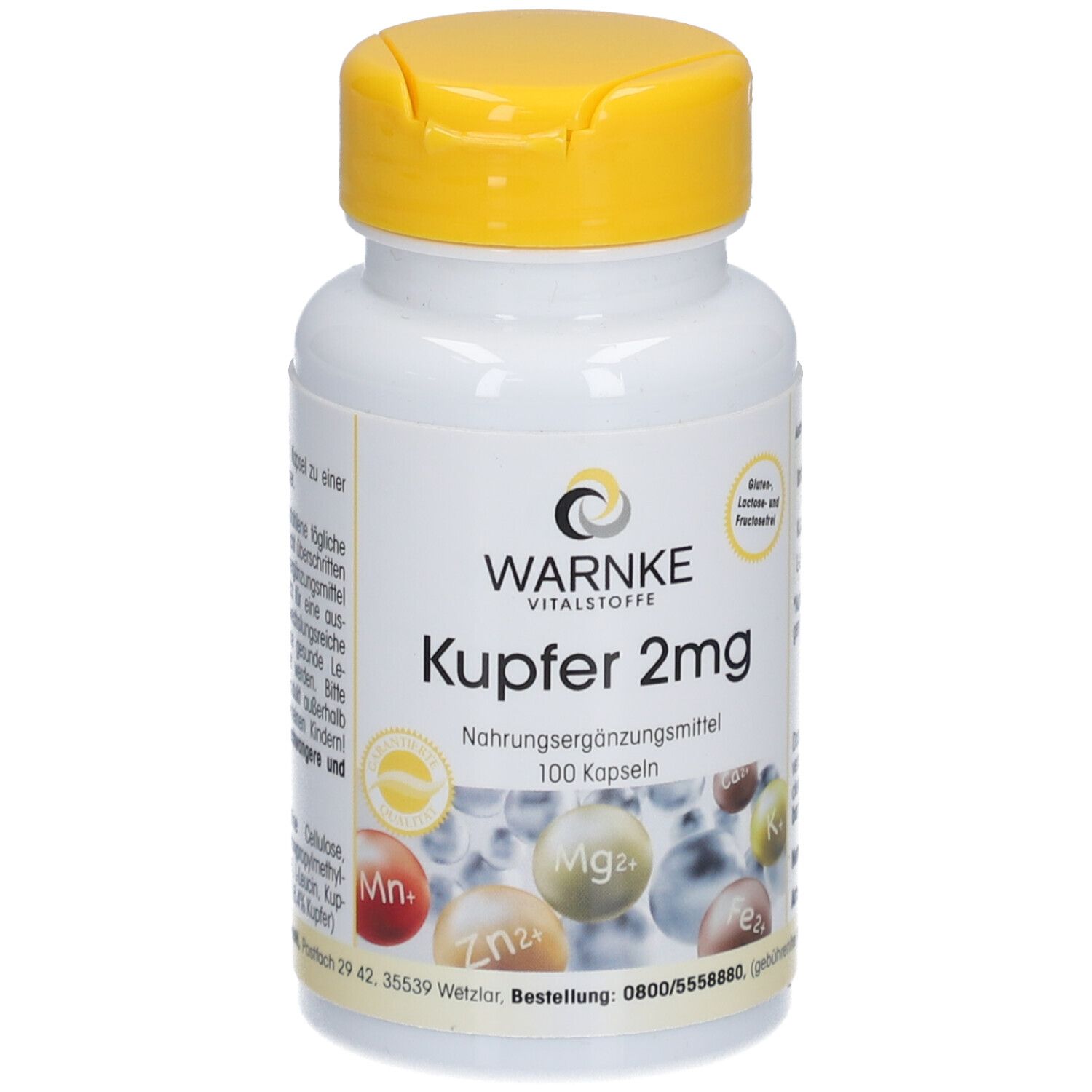 Flacon blanc à bouchon jaune. Inscription: Warnke Vitalstoffe Kupfer 2mg. Complément alimentaire. 100 gélules. Contient des minéraux.