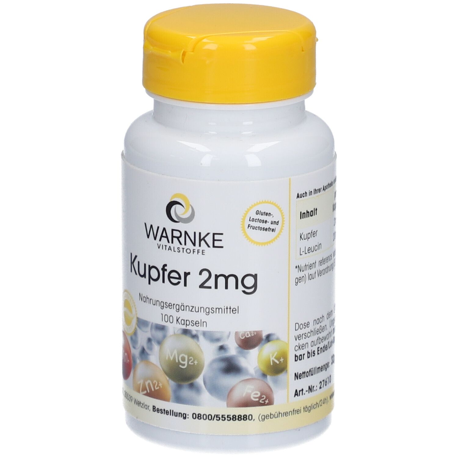 Flacon blanc à bouchon jaune. Inscription: Warnke Vitalstoffe Kupfer 2mg. Complément alimentaire. 100 gélules. Contient des minéraux.
