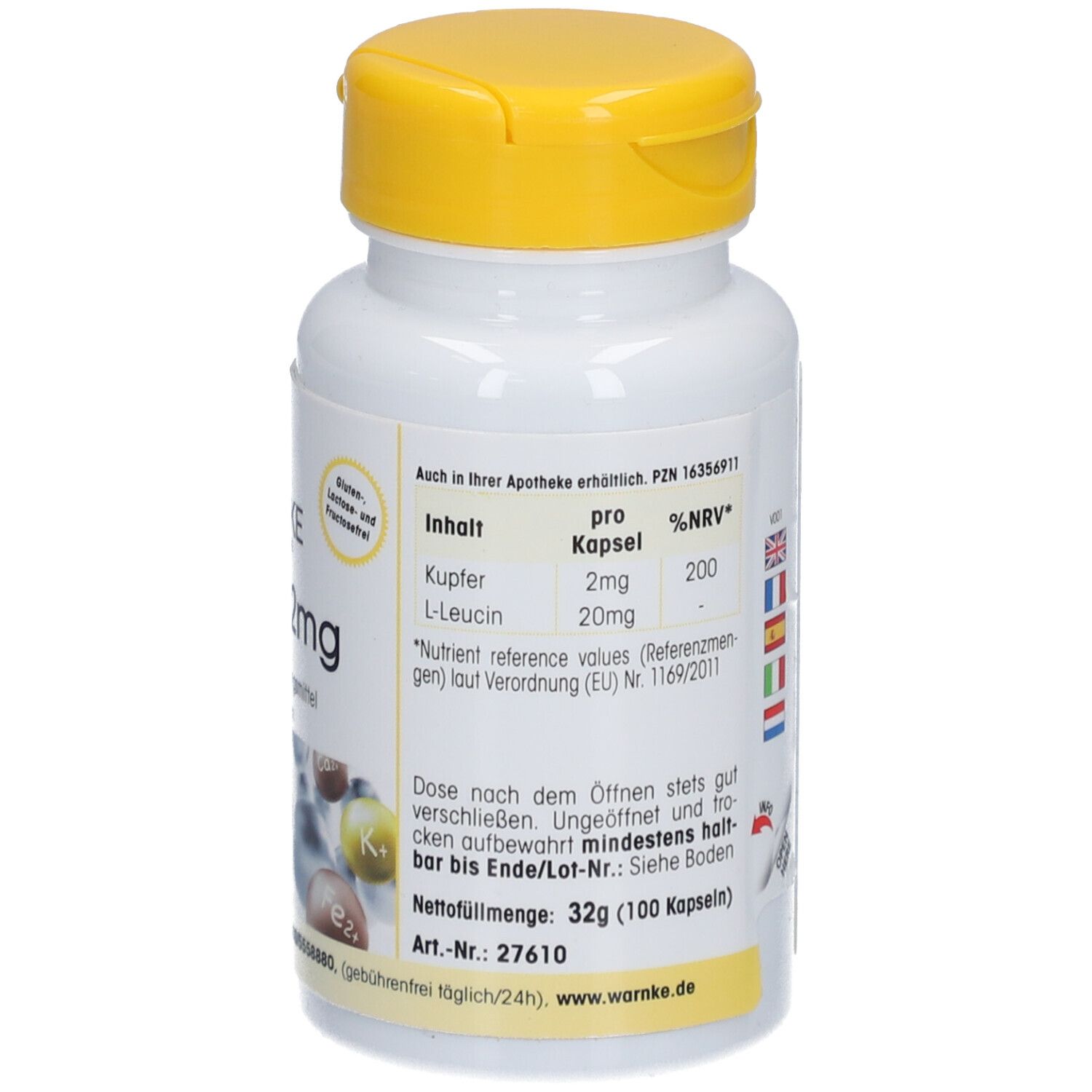 Dos du flacon blanc à bouchon jaune. Texte: Cuivre 2mg, L-Leucine. Informations nutritionnelles. Poids net 32g (100 gélules).