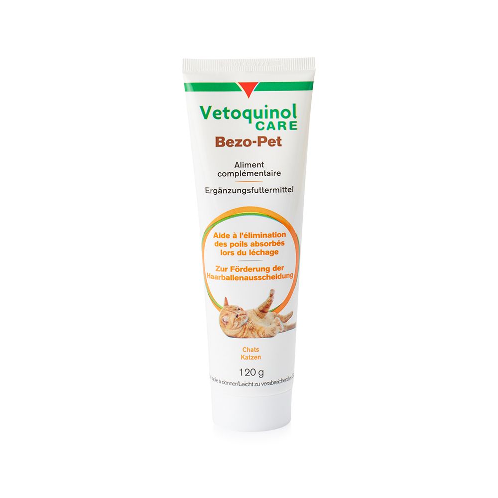 Tube de gel pour chats. Inscription bilingue et illustration d'un chat.
