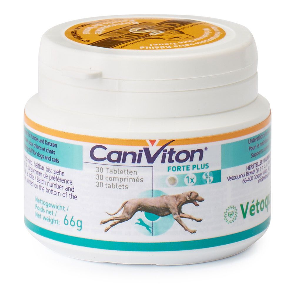 Pot blanc CaniViton FORTE PLUS. Inscription: 30 comprimés. Image d'un chien. Poids net 66g.