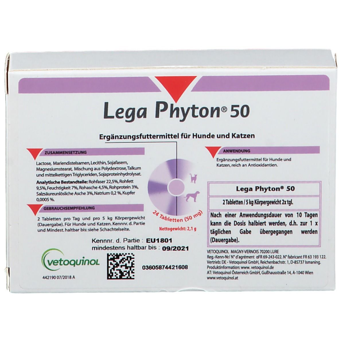 Boîte de Lega Phyton® 50. Complément alimentaire pour chiens et chats. Contient 24 comprimés. A consommer de préférence avant 09/2021.