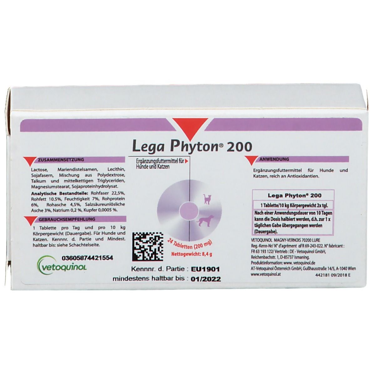 Boîte de Lega Phyton® 200. Contient 24 comprimés. Inscription : Aliment complémentaire pour chiens et chats. A consommer de préférence avant 01/2022.