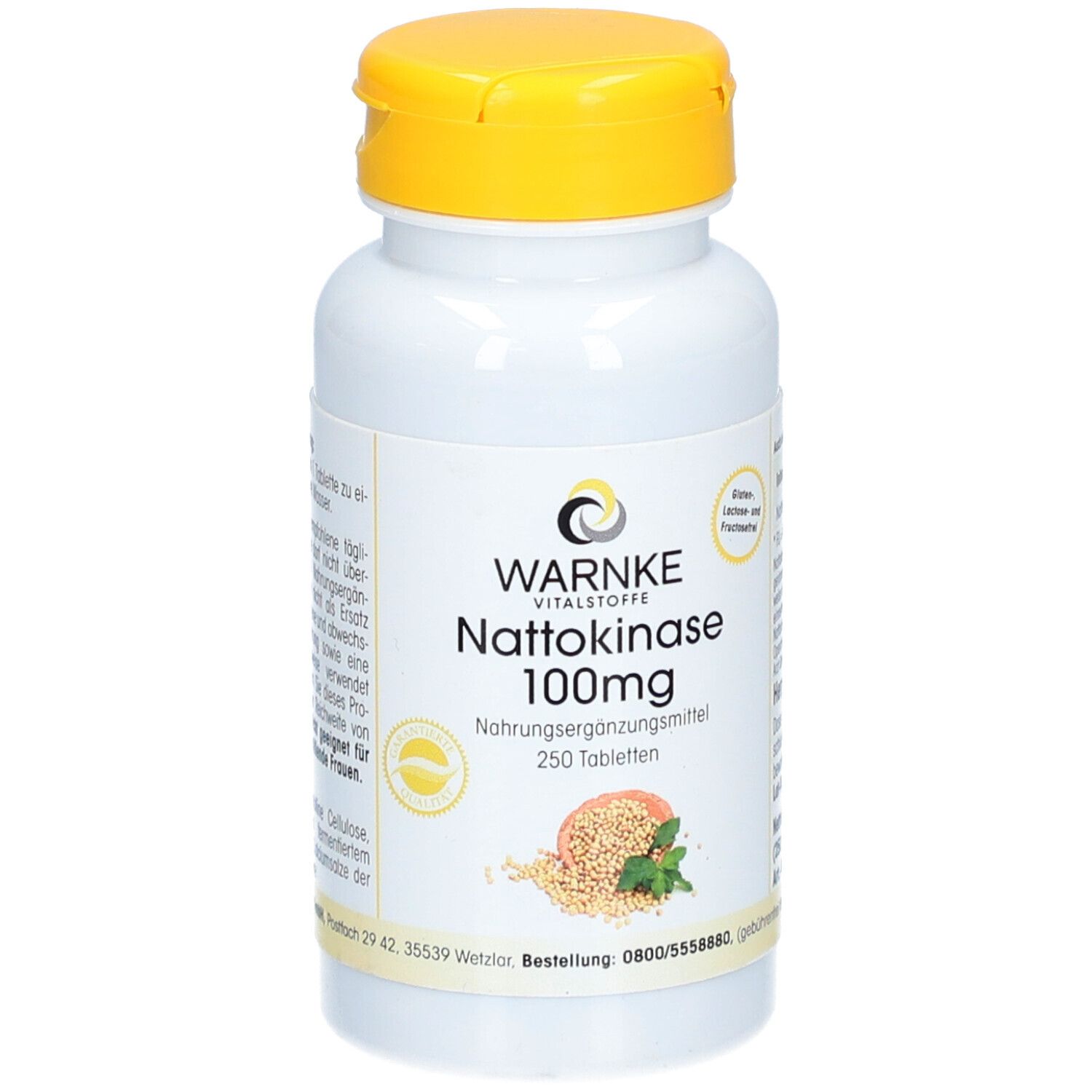 Flacon blanc à bouchon jaune. Inscription: WARNKE Nattokinase 100mg. Complément alimentaire. 250 comprimés. Illustration de soja et de menthe.