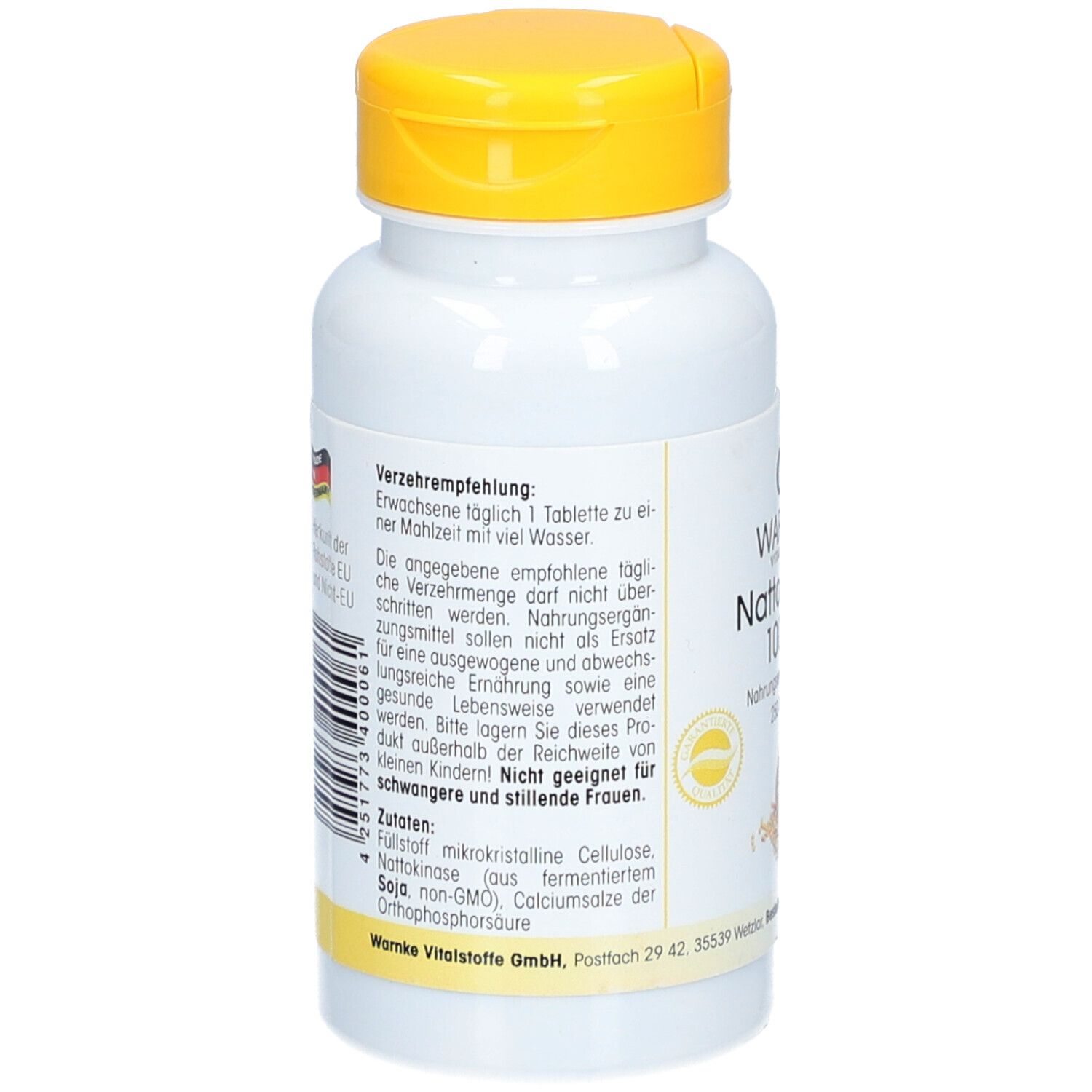 Dos du flacon blanc à bouchon jaune. Texte: Recommandations, ingrédients, avertissements. Fabriqué en Allemagne.
