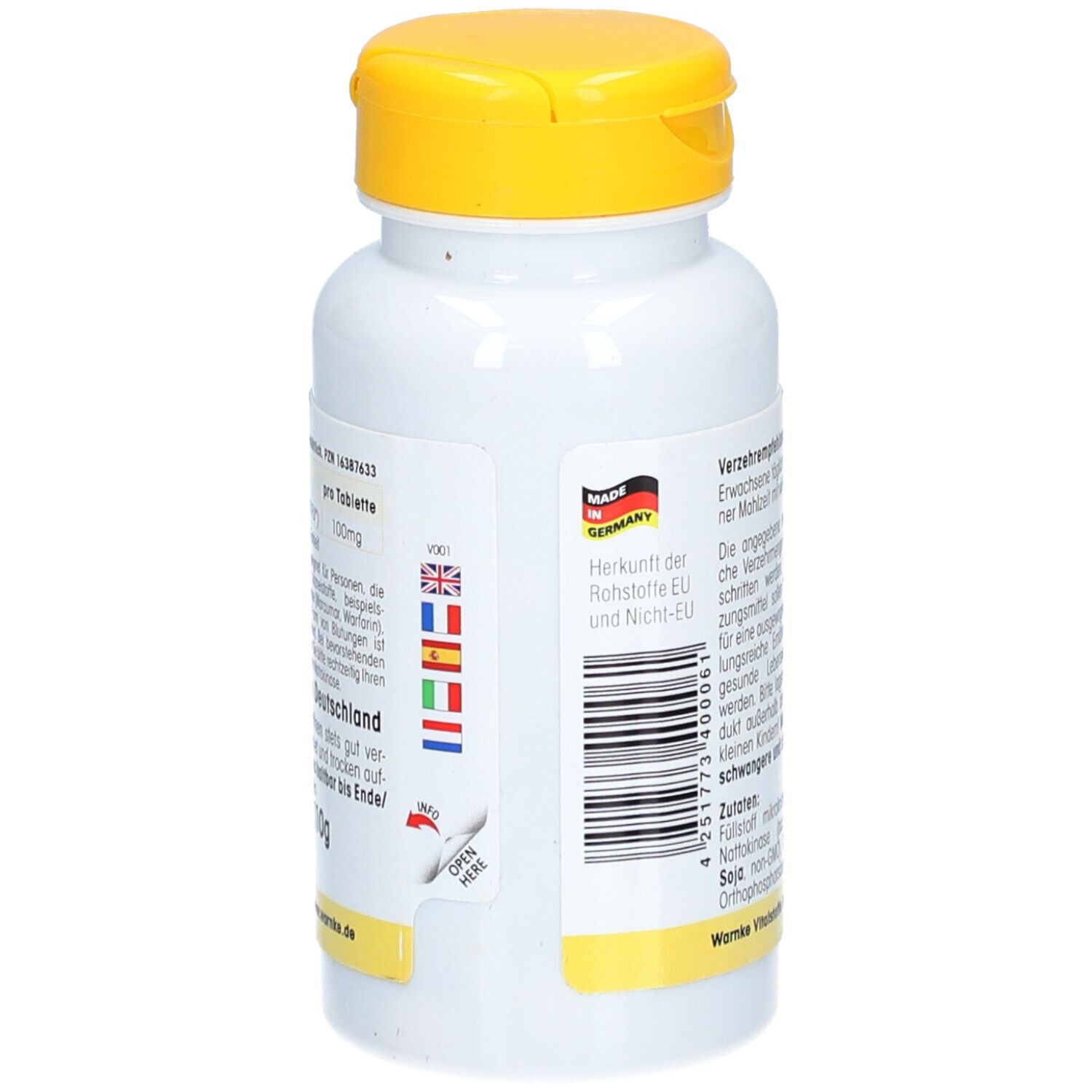 Dos du flacon blanc à bouchon jaune. Texte: Origine UE et hors UE. Code-barres. Drapeaux Allemagne, France, Italie, Espagne.