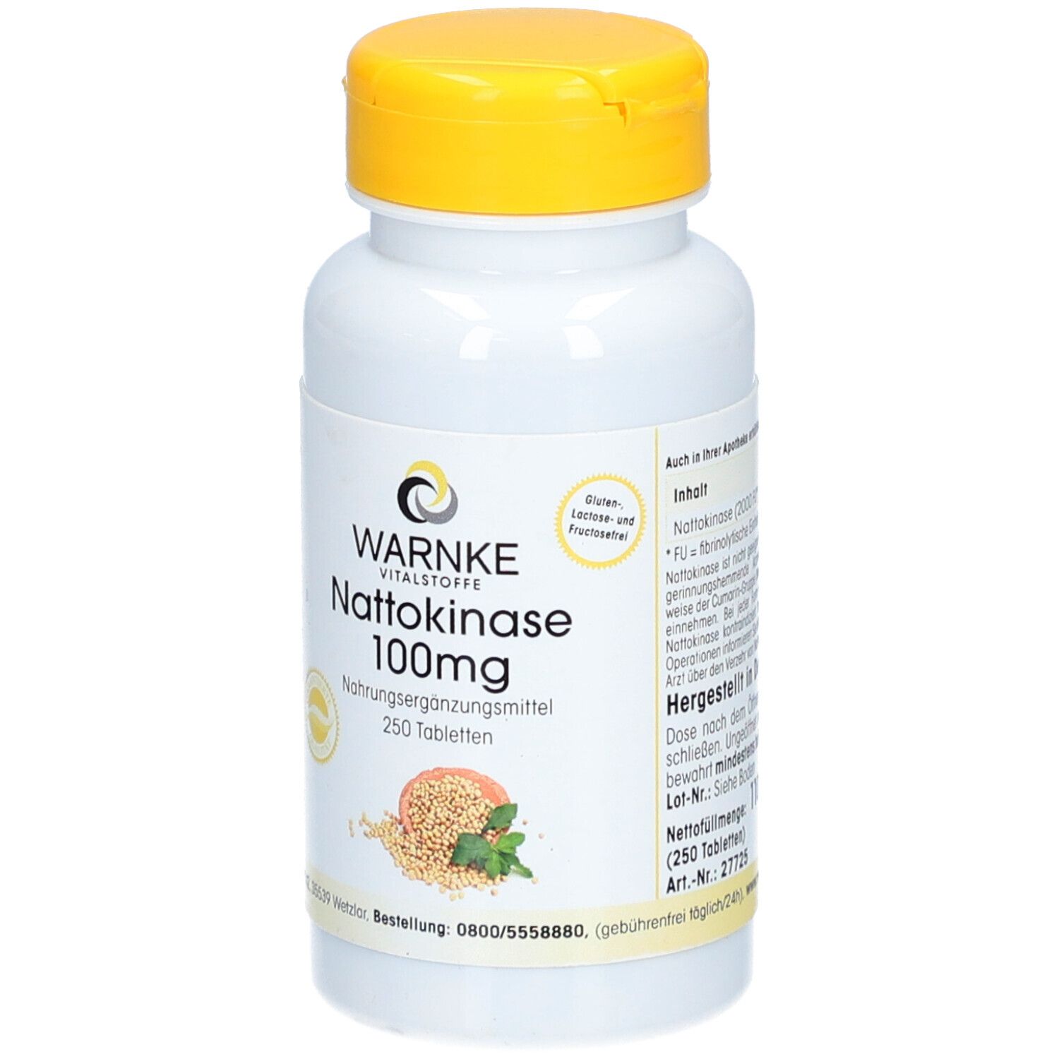 Flacon blanc à bouchon jaune. Inscription: WARNKE Nattokinase 100mg. Complément alimentaire. 250 comprimés. Sans gluten et sans lactose.