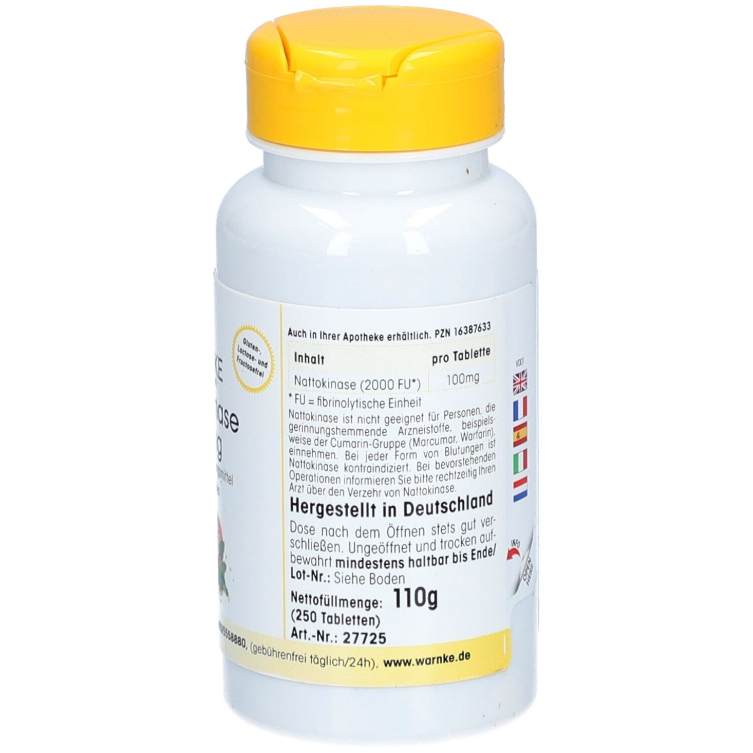 Dos du flacon blanc à bouchon jaune. Texte: Contenu, poids net 110g (250 comprimés). Fabriqué en Allemagne.