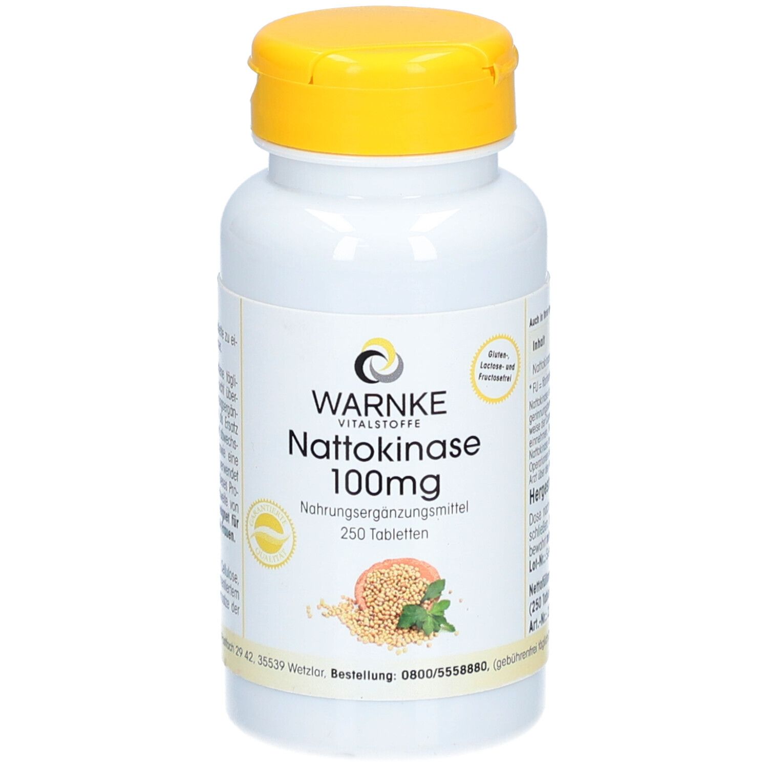 Flacon blanc à bouchon jaune. Inscription: WARNKE Nattokinase 100mg. Complément alimentaire. 250 comprimés. Illustration de soja et de menthe.