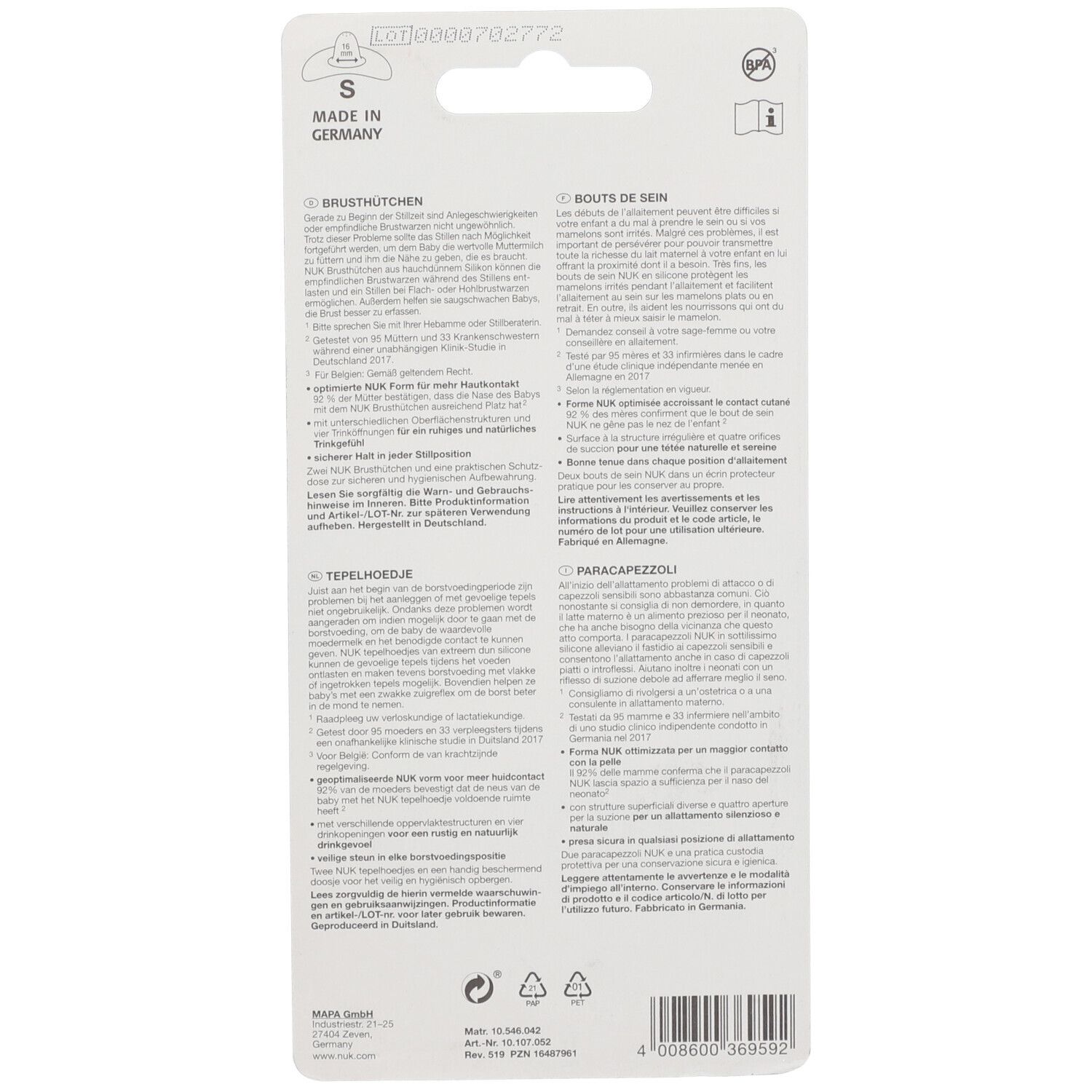 Dos de l'emballage avec informations produit. Texte en allemand et français. Taille S. Fabriqué en Allemagne.