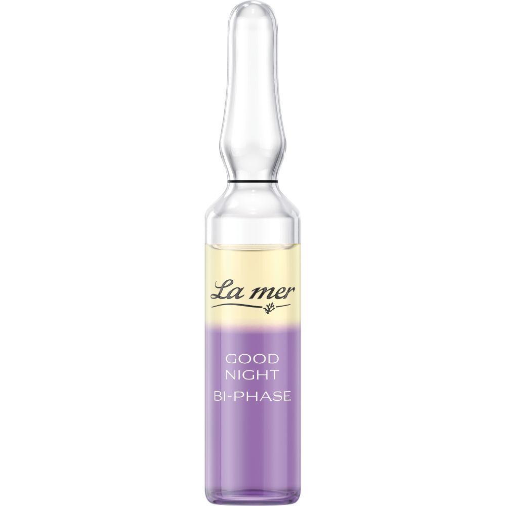 Ampoule avec liquide biphasé. Inscription : La mer, Good Night Bi-Phase.