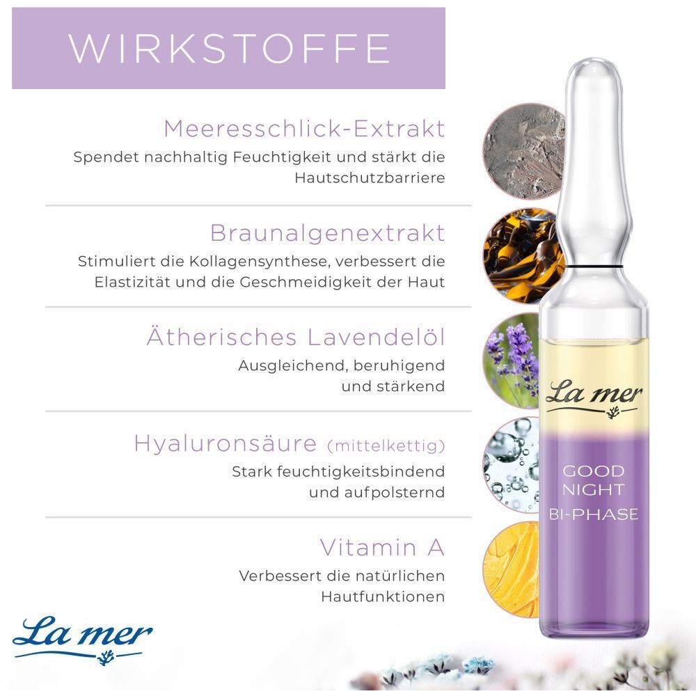 Ampoule biphasée. Texte : La mer, Good Night Bi-Phase. Diagramme des ingrédients.