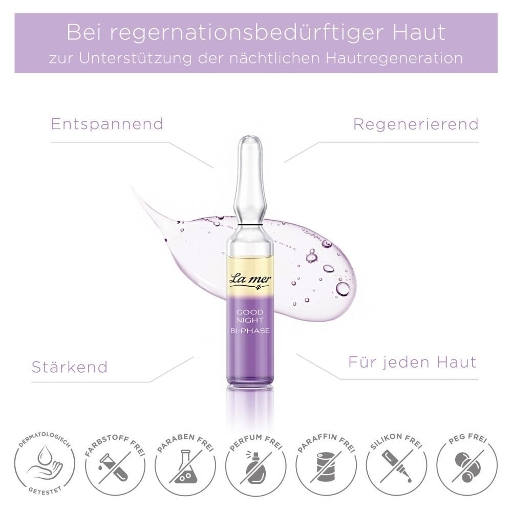 Ampoule biphasée. Texte : La mer, Good Night Bi-Phase. Diagramme des effets.