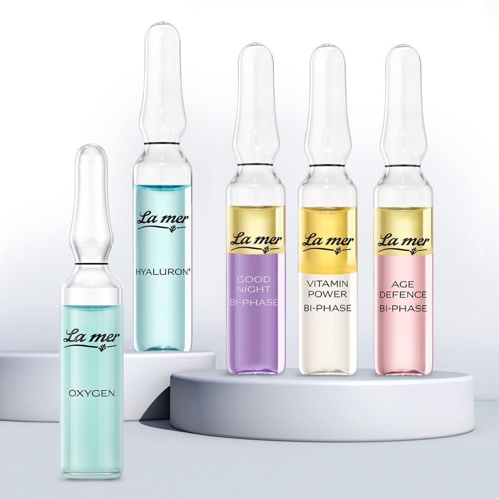 Cinq ampoules côte à côte. Texte : La mer. Différents produits.