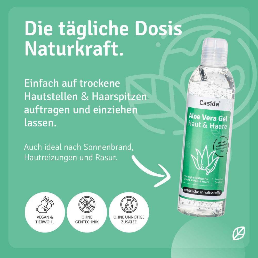 Fond vert avec texte. Texte: Die tägliche Dosis Naturkraft. Flacon de produit avec texte et logos.