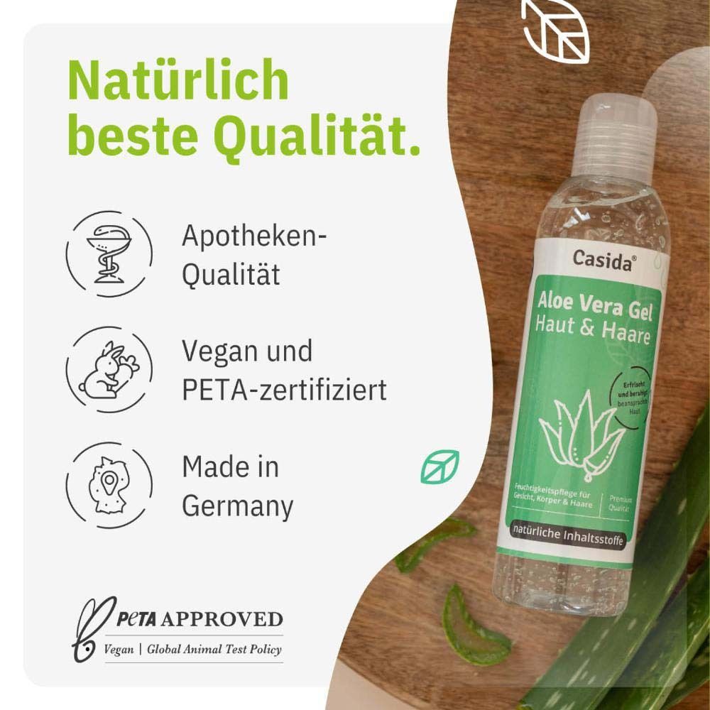 Fond vert avec texte et logos. Texte: Natürlich beste Qualität. Certification PETA.