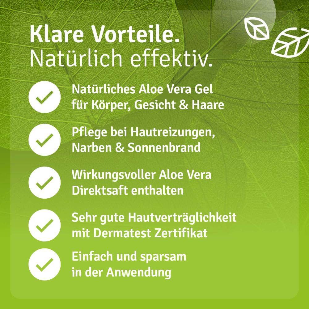 Fond vert avec texte. Texte: Avantages clairs. Naturellement efficace. Certificat Dermatest.
