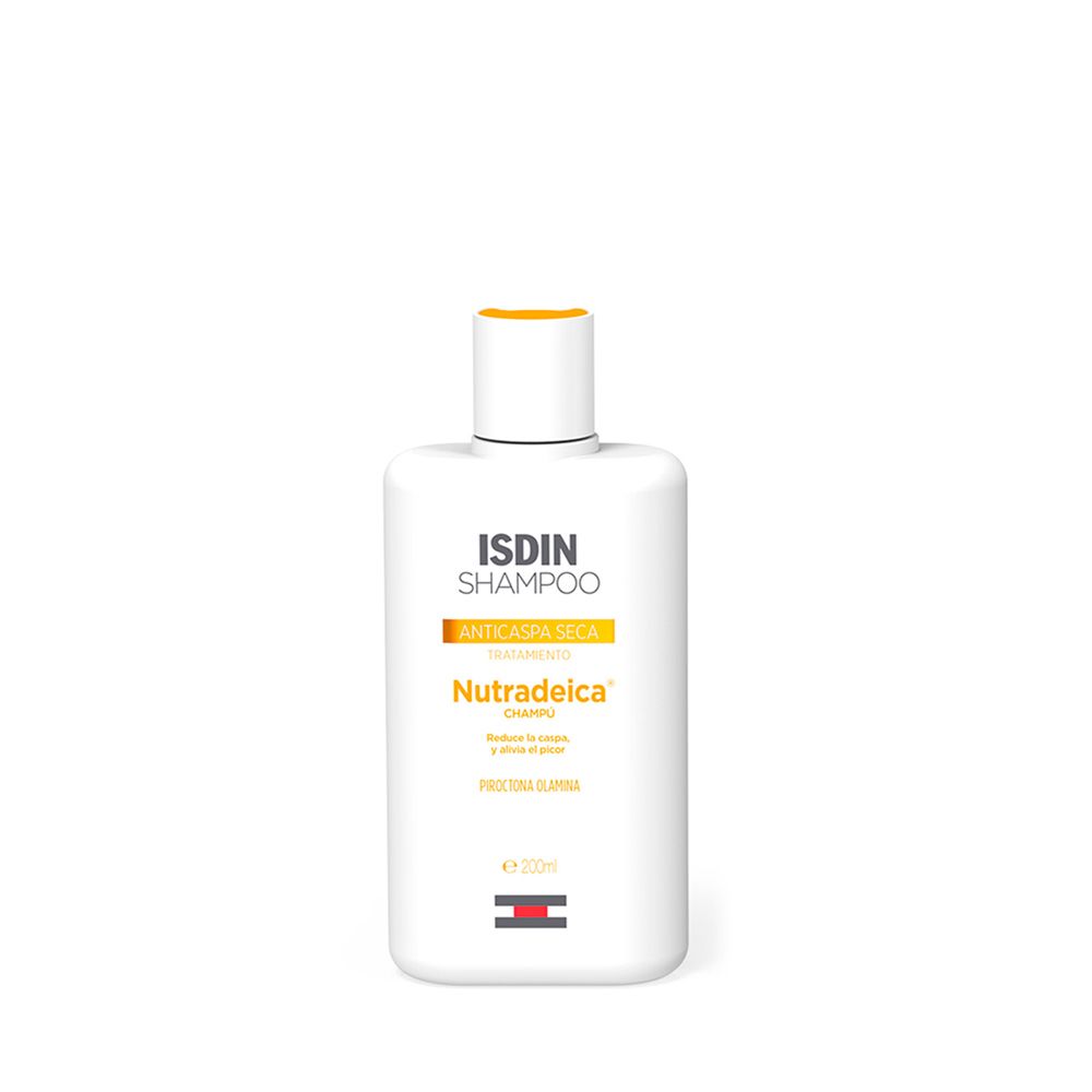 Bouteille de shampoing ISDIN Nutradeica, 200ml, pour pellicules sèches.