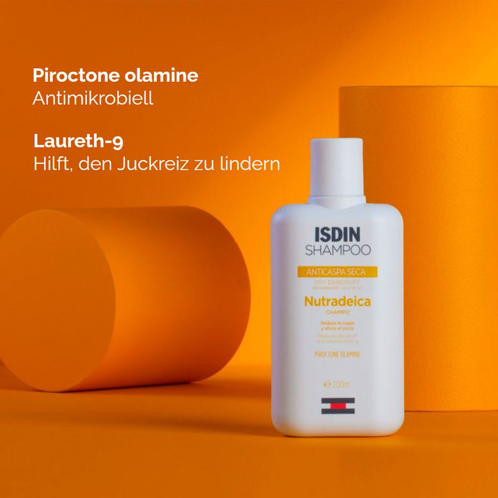 Bouteille de shampoing ISDIN Nutradeica avec Piroctone Olamine.