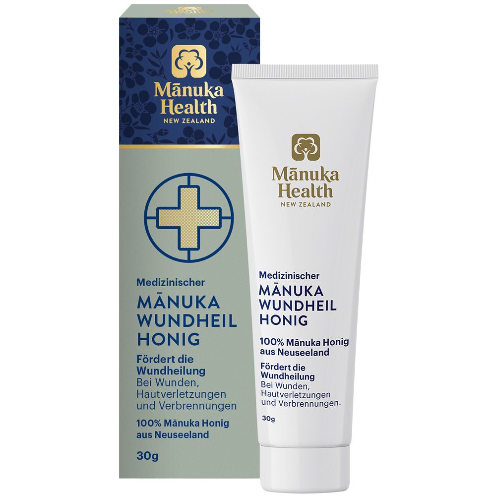 Tube et boîte avec texte: Manuka Wundheilhonig. 100% miel de Manuka de Nouvelle-Zélande. Logo croix et abeille.