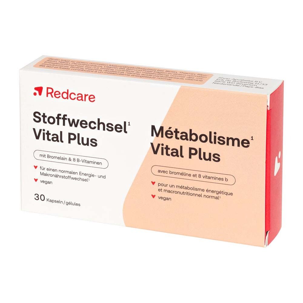 Boîte Redcare Stoffwechsel Vital Plus. Contient 30 gélules. Inscriptions en allemand et français.