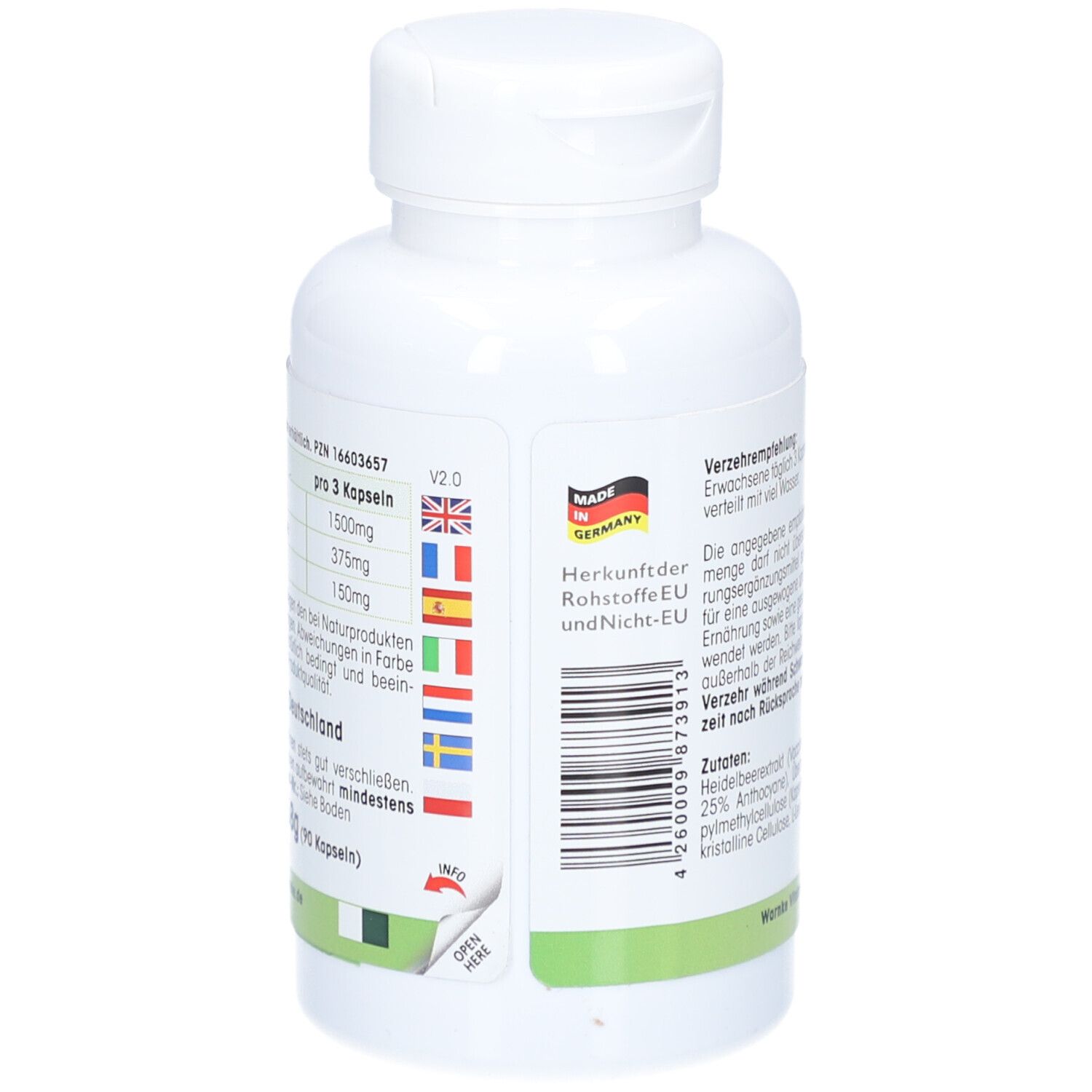 Dos du flacon blanc de gélules. Texte : Informations nutritionnelles, origine Allemagne. Avec code-barres.