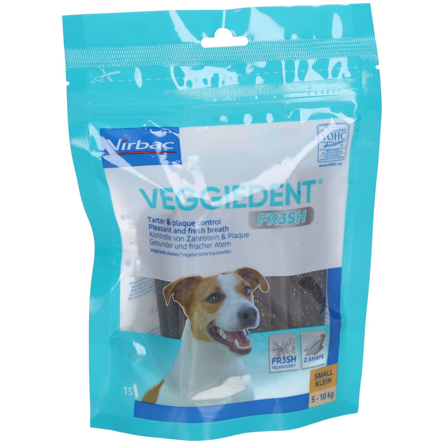 Emballage de Virbac VeggieDent Fre3sh XS. Friandises à mâcher en forme de Z pour chiens. Inscription : contrôle de la plaque, haleine fraîche.