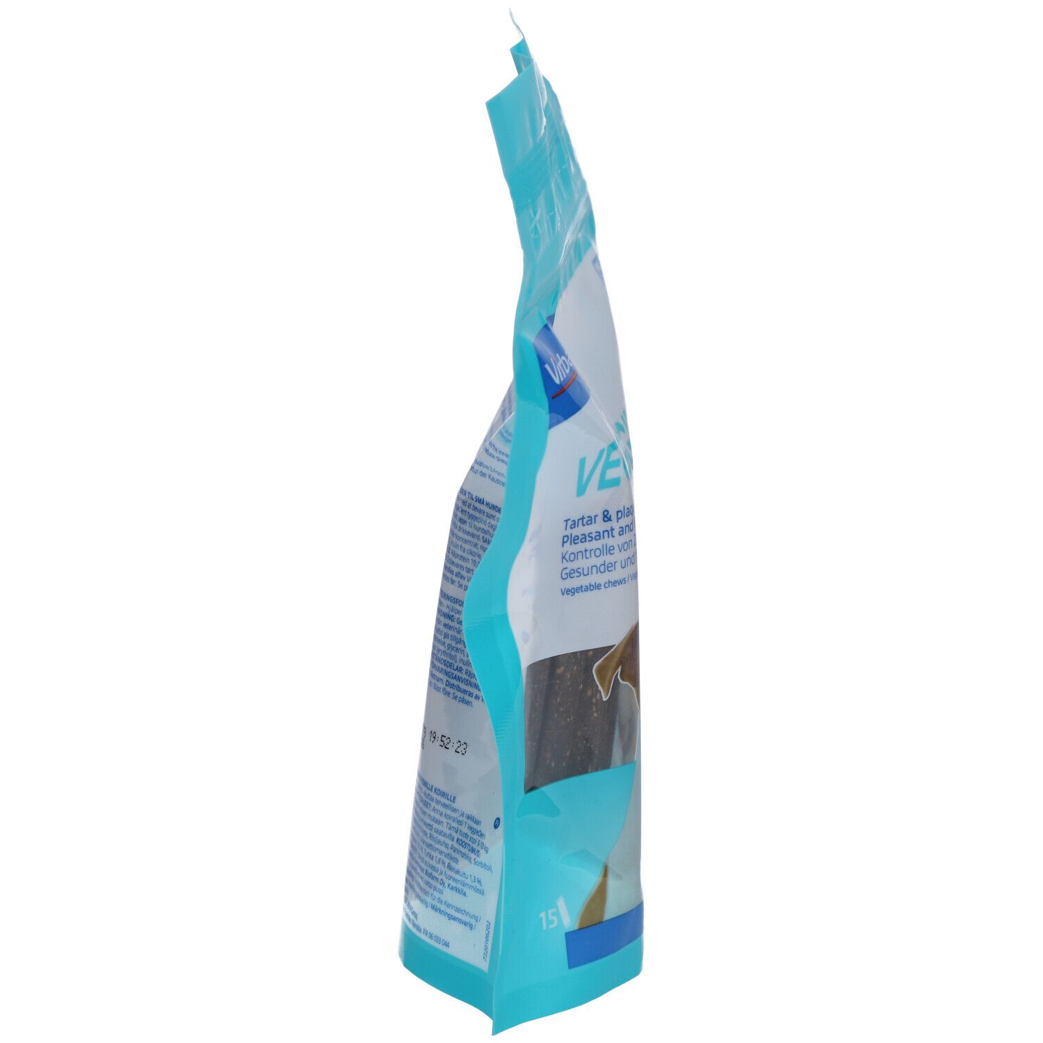 Vue latérale de l'emballage Virbac VeggieDent Fre3sh XS. Sachet bleu transparent avec informations sur le produit.