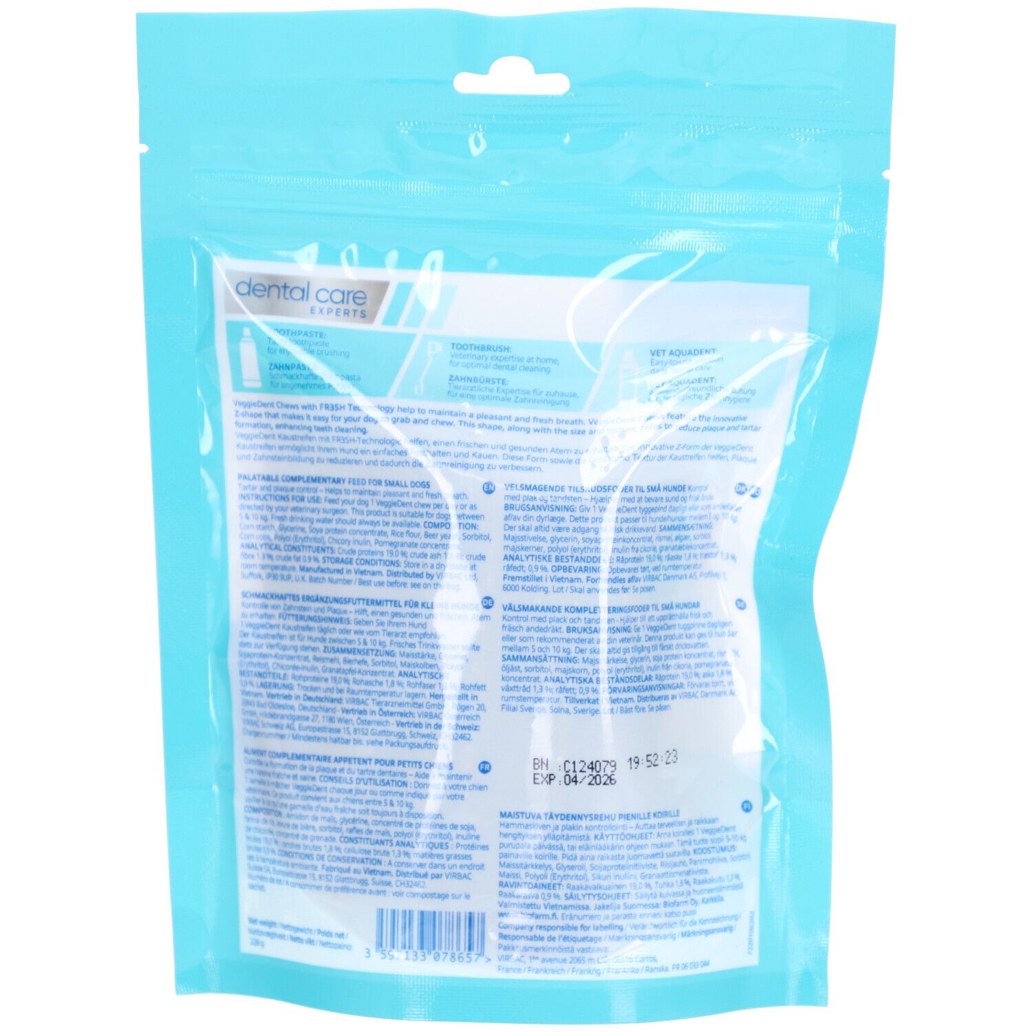Dos de l'emballage Virbac VeggieDent Fre3sh XS. Informations textuelles et logos sur fond bleu.