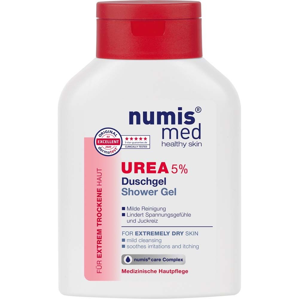 Gel douche blanc avec bouchon rouge. Inscription : numis® med UREA 5% Duschgel. Pour peau très sèche.