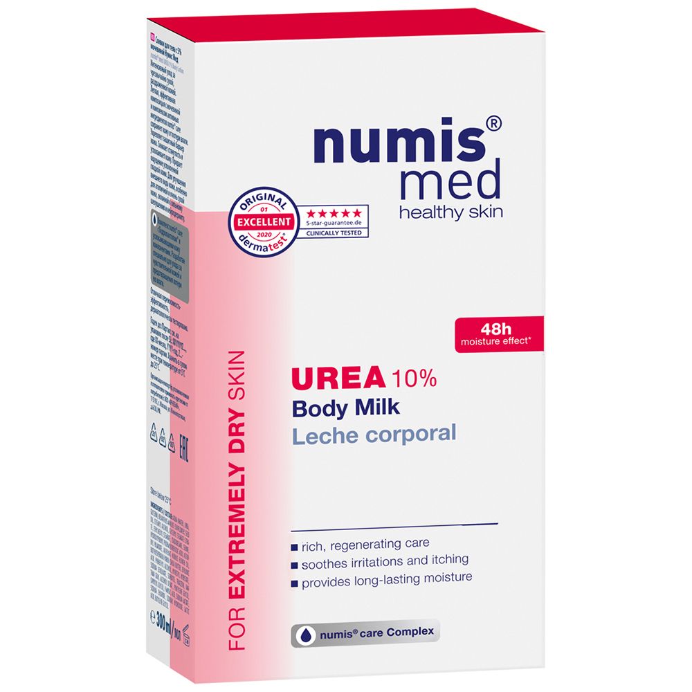 Boîte avec inscription : numis med UREA 10% Lait corporel. Testé dermatologiquement. Pour peau très sèche.