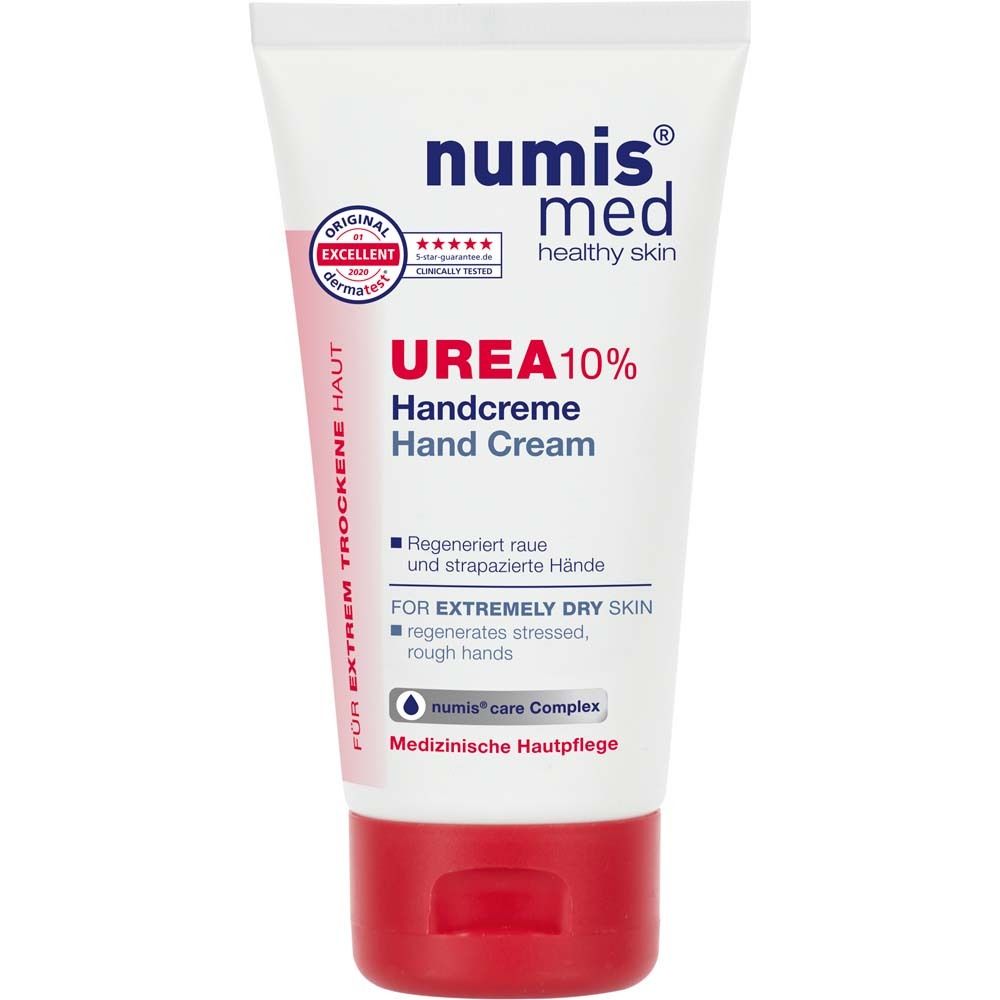 Tube de crème avec bouchon rouge. Inscription : numis®med UREA 10% Handcreme. Pour peaux très sèches. Label Dermatest.