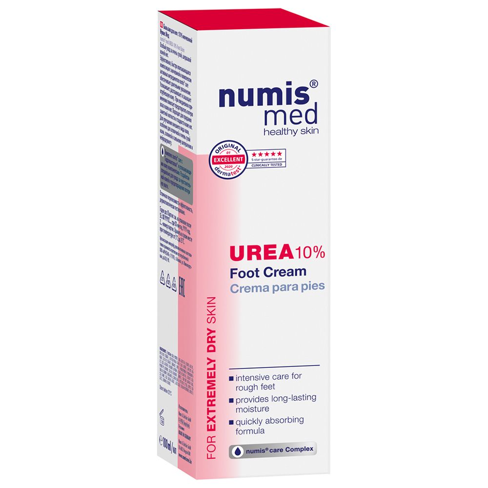 Emballage de la crème pour les pieds. Inscription: numis med UREA 10% Fußcreme. Pour peau très sèche. Avec ingrédients.