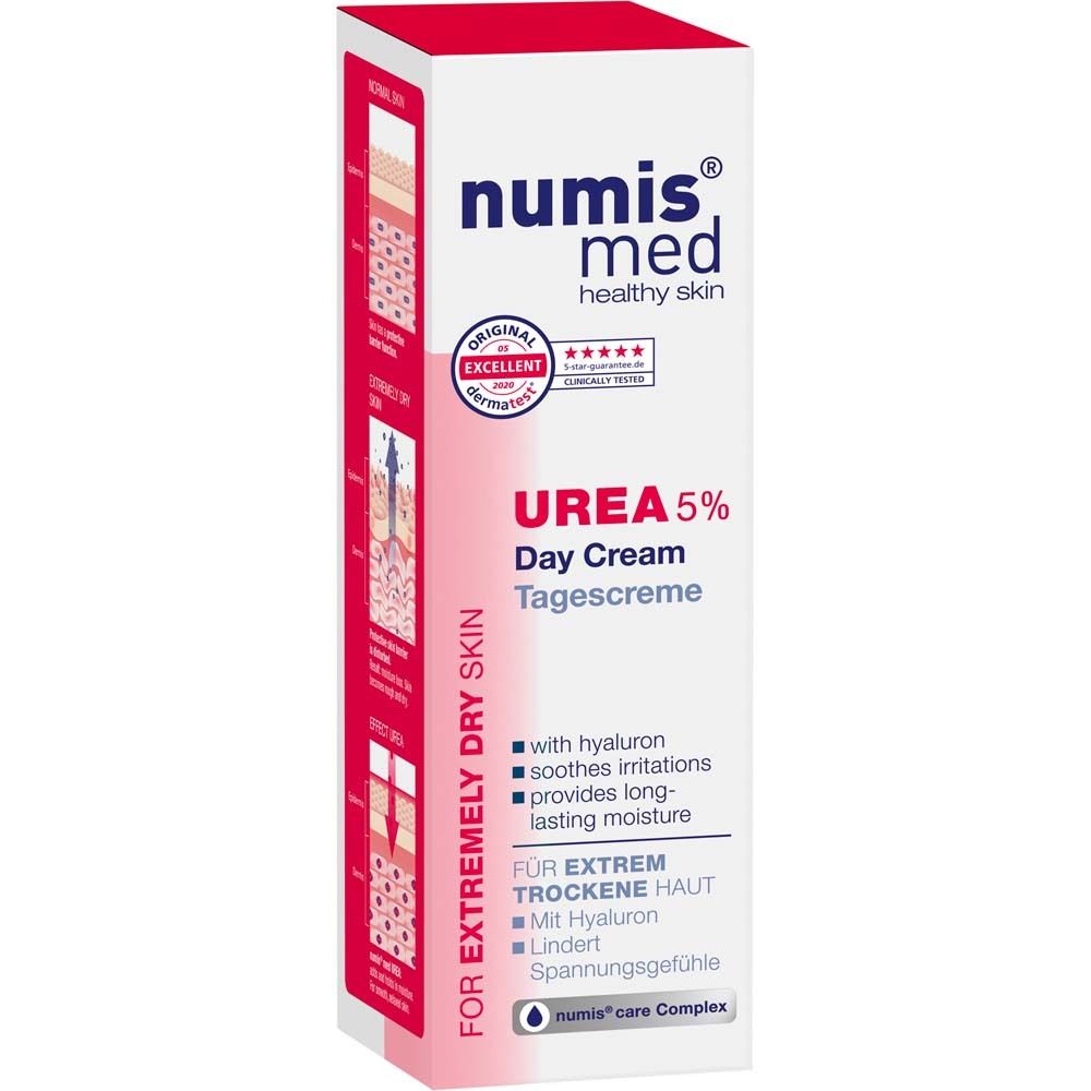 Flacon de crème. Blanc avec bouchon rouge. Inscription : numis med, UREA 5% Crème de jour. Avec acide hyaluronique. Pour peau très sèche.