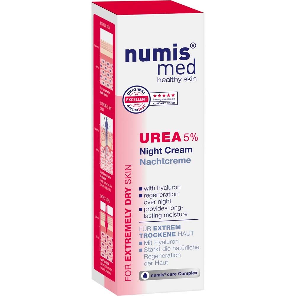 Flacon blanc avec pompe. Inscription: numis med, UREA 5% Crème de nuit. Pour peaux très sèches.