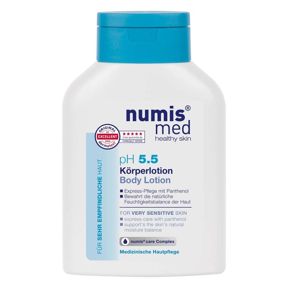 Flacon blanc, bouchon bleu. Inscription: numis med pH 5.5 Körperlotion. Pour peaux très sensibles.