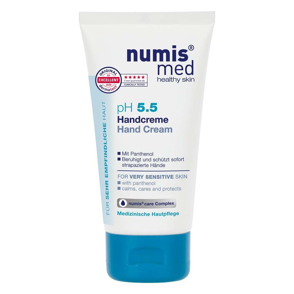 Tube de crème pour les mains numis® med pH 5.5 avec bouchon bleu. Contient du panthénol et le complexe numis® care.