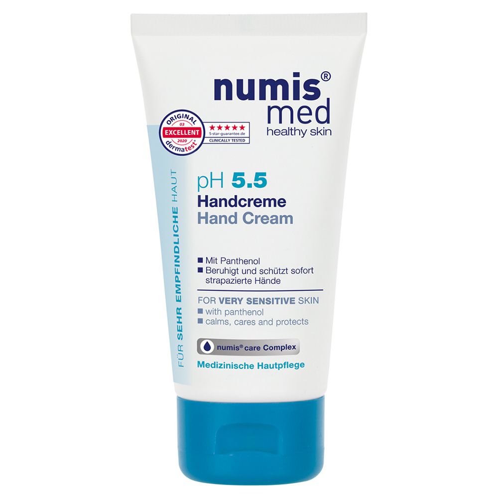 Tube de crème pour les mains numis® med pH 5.5 avec bouchon bleu. Contient du panthénol et le complexe numis® care.