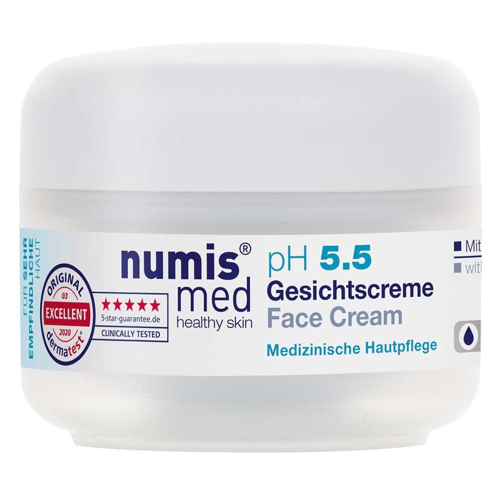 Pot de crème visage numis® med pH 5,5. Pot blanc avec couvercle blanc. Inscriptions: pH 5.5, Crème Visage, label dermatest®.