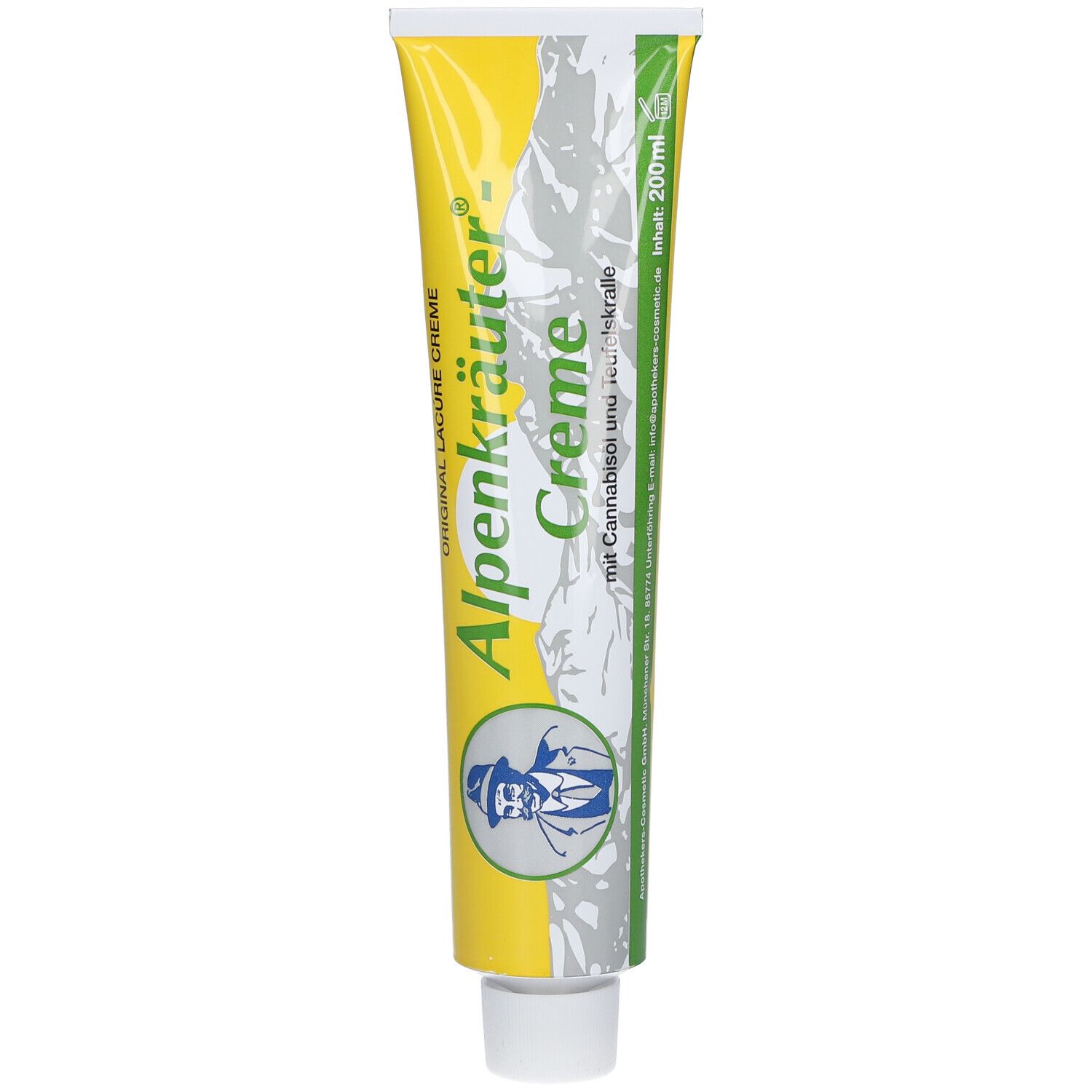 Tube jaune de crème Alpenkräuter. Inscription : Original Lacure Creme, avec huile de cannabis et griffe du diable. 200ml.