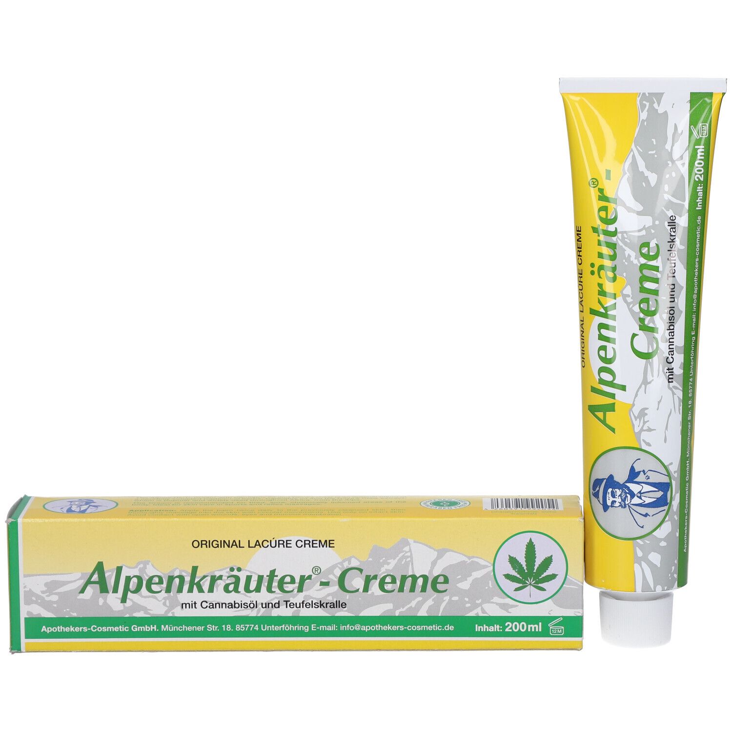 Tube et boîte de crème Alpenkräuter. Inscription : Original Lacure Creme, avec huile de cannabis et griffe du diable. 200ml.
