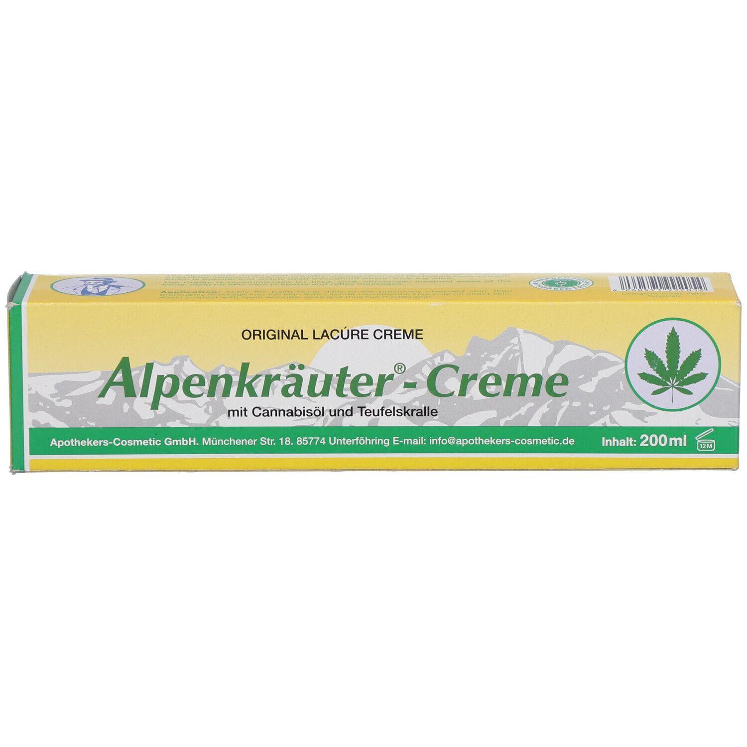 Boîte jaune de crème Alpenkräuter. Inscription : Original Lacure Creme, avec huile de cannabis et griffe du diable. 200ml.