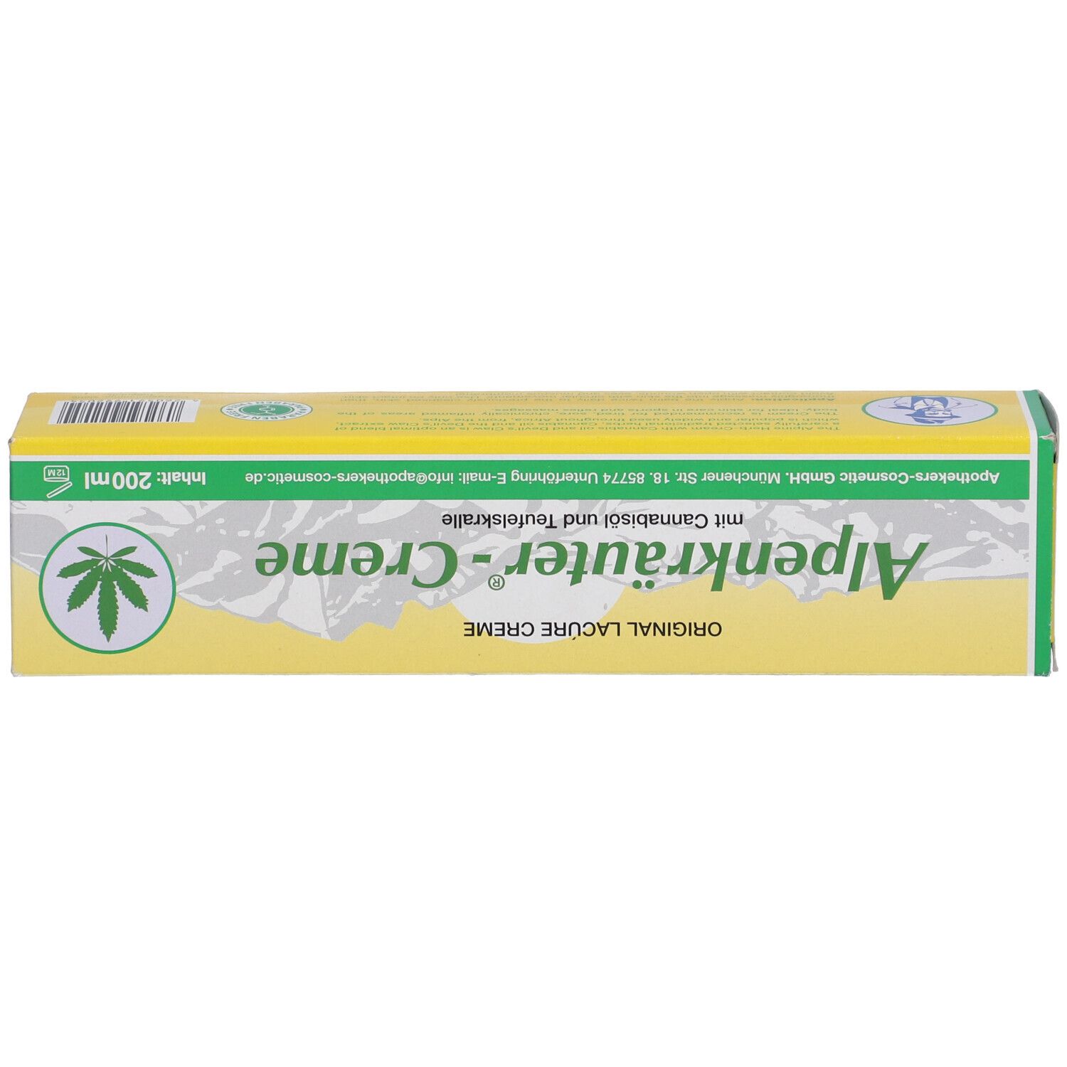 Boîte jaune de crème Alpenkräuter. Inscription : Original Lacure Creme, avec huile de cannabis et griffe du diable. 200ml.
